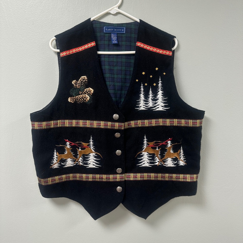 Karen Scott II Vintage Christmas Vest Black Reindeer‎ Pinecone Plaid Plus 1X